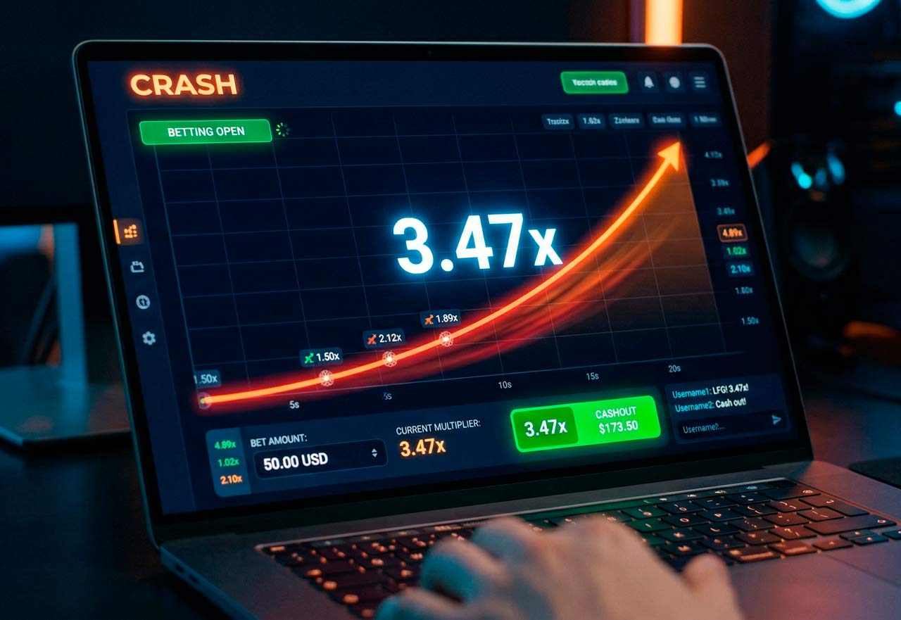 Crash game interface showing a rising multiplier curve on a dark-themed online casino screen